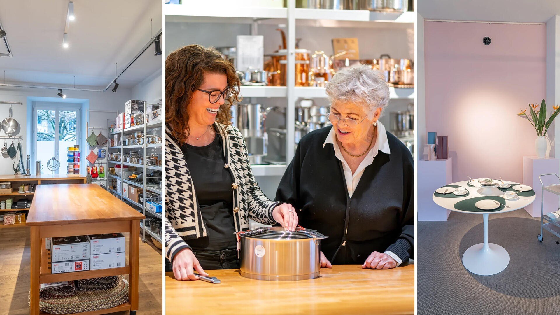 Collage aus drei Bildern: ein Geschäft für Küchenbedarf mit Holzregalen und -tischen, zwei lächelnde Frauen, die Küchenutensilien begutachten, und ein moderner Esstisch mit Geschirr und minimalistischem Dekor.