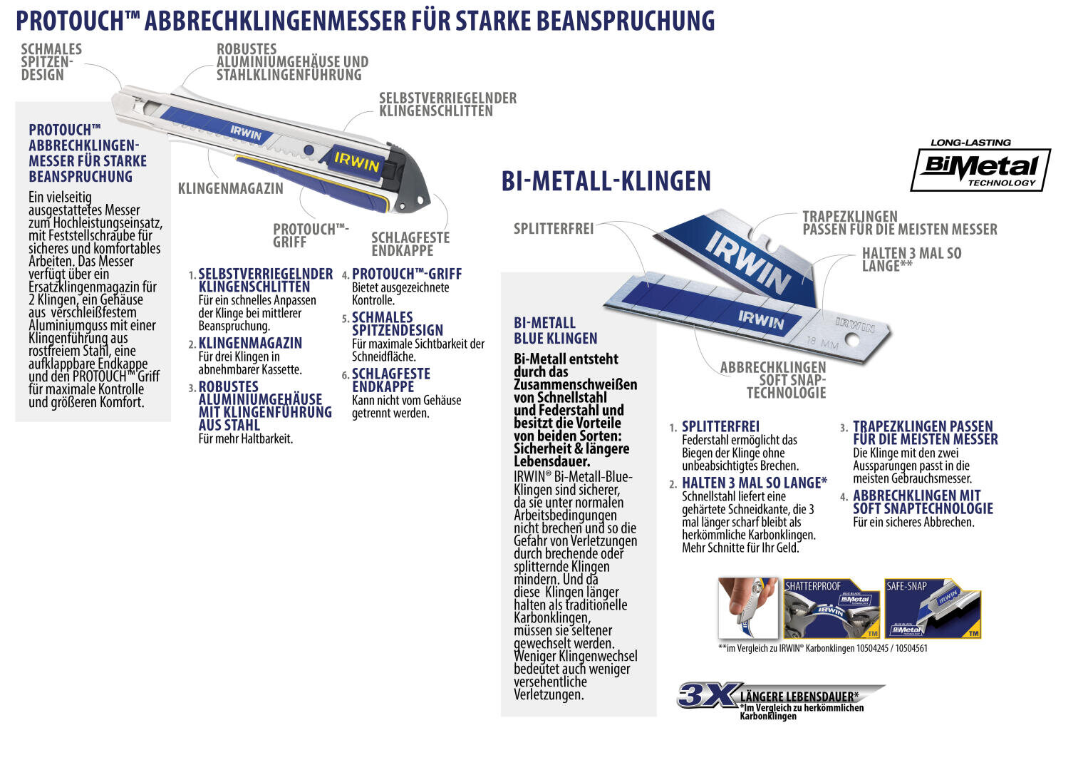 Diagramm mit einer Darstellung der IRWIN ProTouch-Abbrechmesser und Bimetall-Klingen, ergänzt durch einen deutschen Text, in dem Eigenschaften wie rutschfester Griff, Klingenfestigkeit, Sicherheit und lange Lebensdauer beschrieben werden. Verpackungs- und Produktabbildungen sind enthalten.