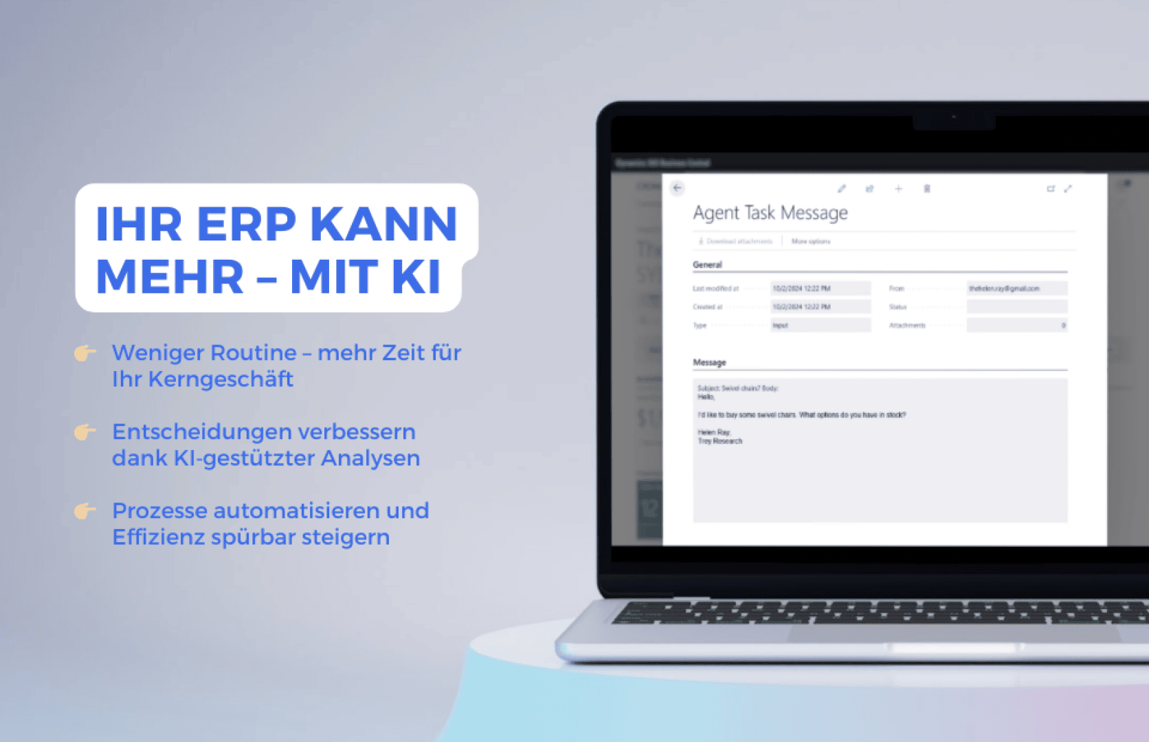 Ein Laptop mit dem Bildschirm einer ERP-Software steht neben einem Text mit der Aufschrift "Ihr ERP kann mehr - mit KI". In Aufzählungspunkten werden reduzierte Routinearbeiten, verbesserte Entscheidungen durch KI-Analysen und erhöhte Effizienz durch Automatisierung hervorgehoben.