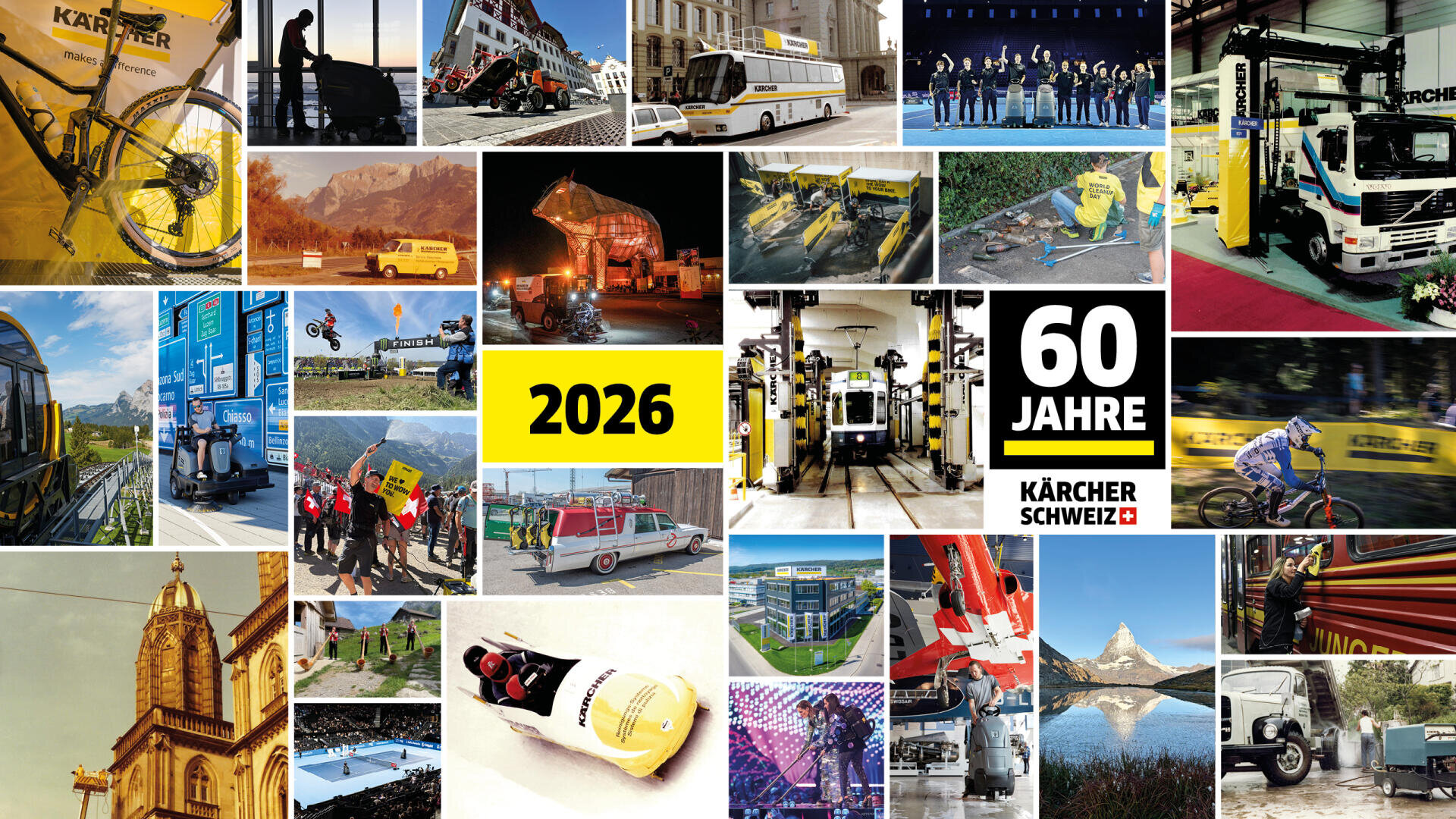 Eine Collage von Bildern, die die Reinigungsmaschinen von Kärcher in verschiedenen Umgebungen, mit Menschen, Fahrzeugen, Fahrrädern und Gebäuden zeigen. Der Text in der Mitte lautet "2026" und "60 Jahre Kärcher Schweiz", zur Feier von 60 Jahren in der Schweiz.