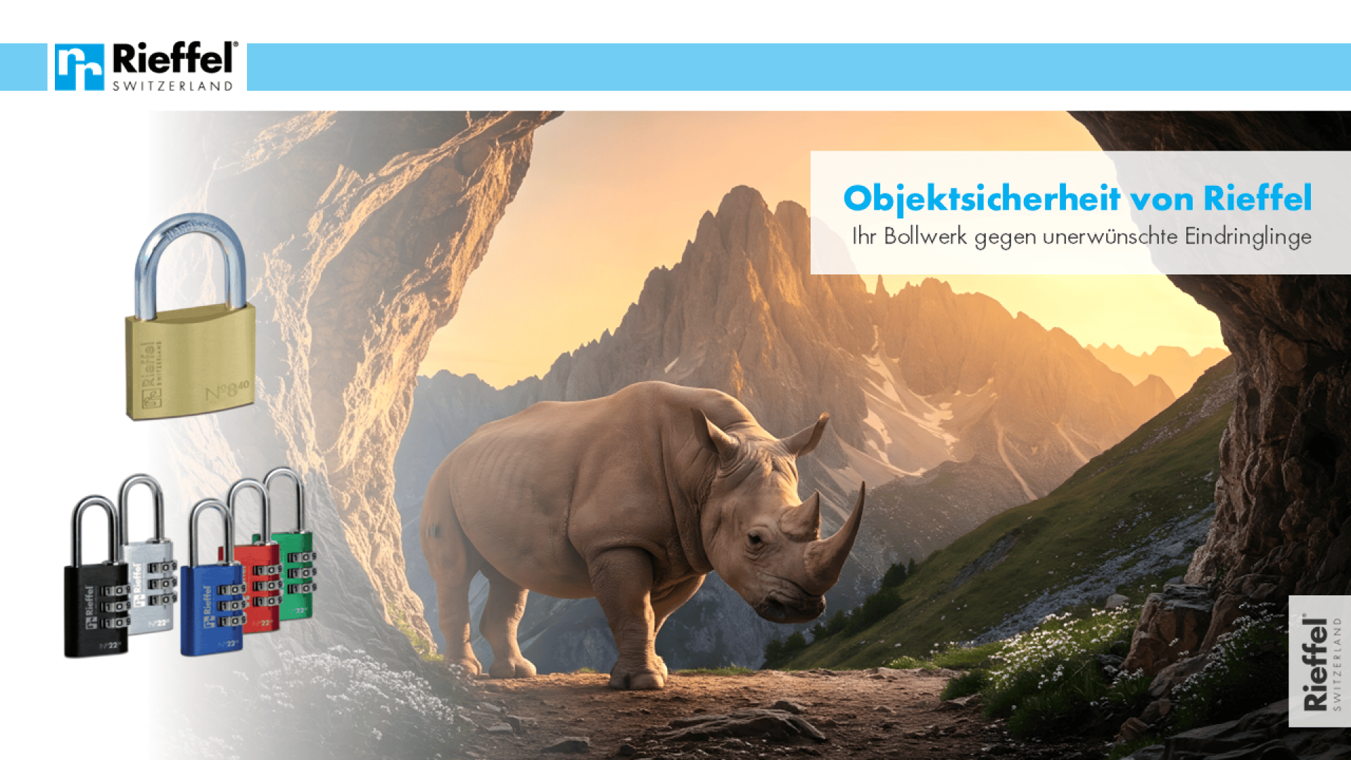 Ein Nashorn steht bei Sonnenaufgang in einem Bergtal. Auf der linken Seite sind vier bunte Vorhängeschlösser und ein goldenes Vorhängeschloss abgebildet. Der Text lautet: „Objektsicherheit von Rieffel – Ihr Bollwerk gegen unerwünschte Eindringlinge.“.