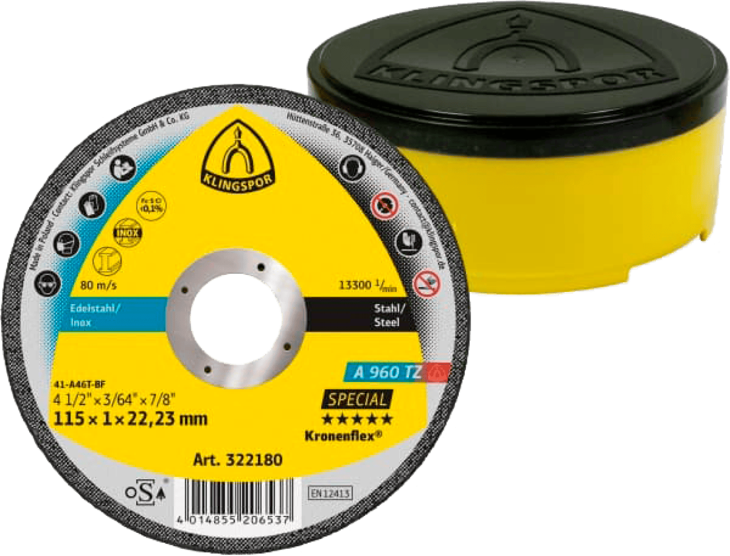Eine Klingspor Kronenflex A 960 TZ Special-Trennscheibe für Edelstahl mit technischen Daten und Sicherheitssymbolen, abgebildet neben ihrem gelb-schwarzen Aufbewahrungsbehälter.