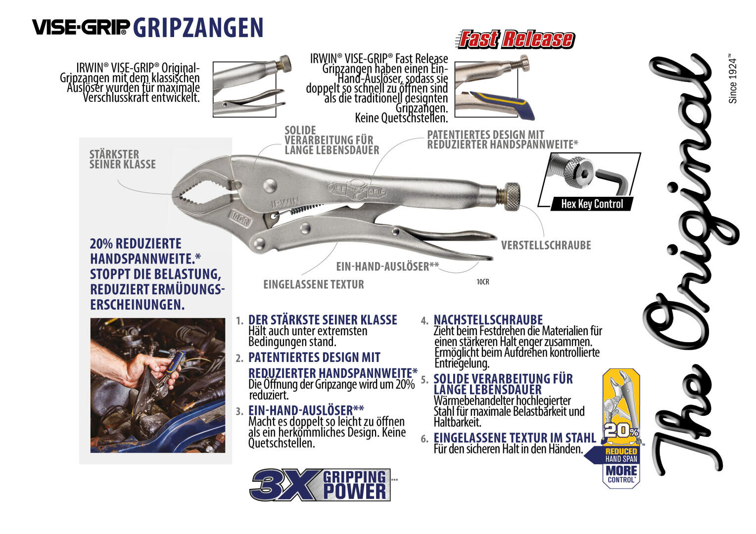 Eine Werbung für Vise-Grip-Gripzangen, in der Merkmale wie Schnellverschluss, starker Griff, einstellbare Schraube und strukturierter Griff hervorgehoben werden, mit Abbildungen, Nahaufnahmen und Produktvorteilen auf Deutsch.