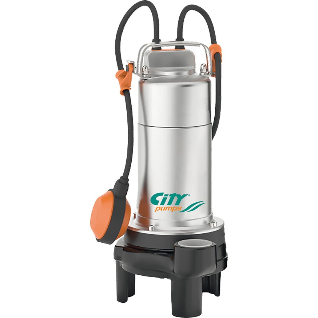 Eine Tauchwasserpumpe aus Edelstahl mit schwarzem Sockel, zwei schwarzen Schläuchen und einem orangefarbenen Schwimmerschalter. Das City Pumps-Logo ist auf dem Pumpenkörper aufgedruckt.