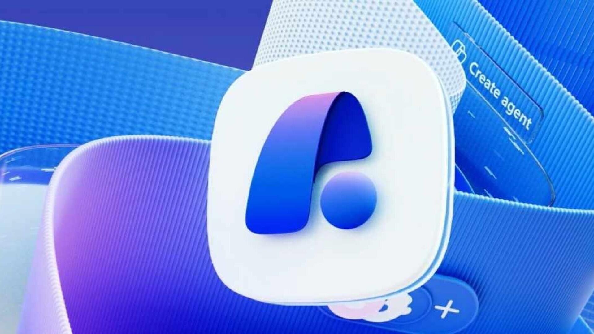Ein stilisiertes blaues und violettes 3D-Logo, das einer gekrümmten Form mit einem Punkt ähnelt, vor einem Hintergrund aus abstrakten digitalen Elementen und einem Teil des Textes "Create agent".