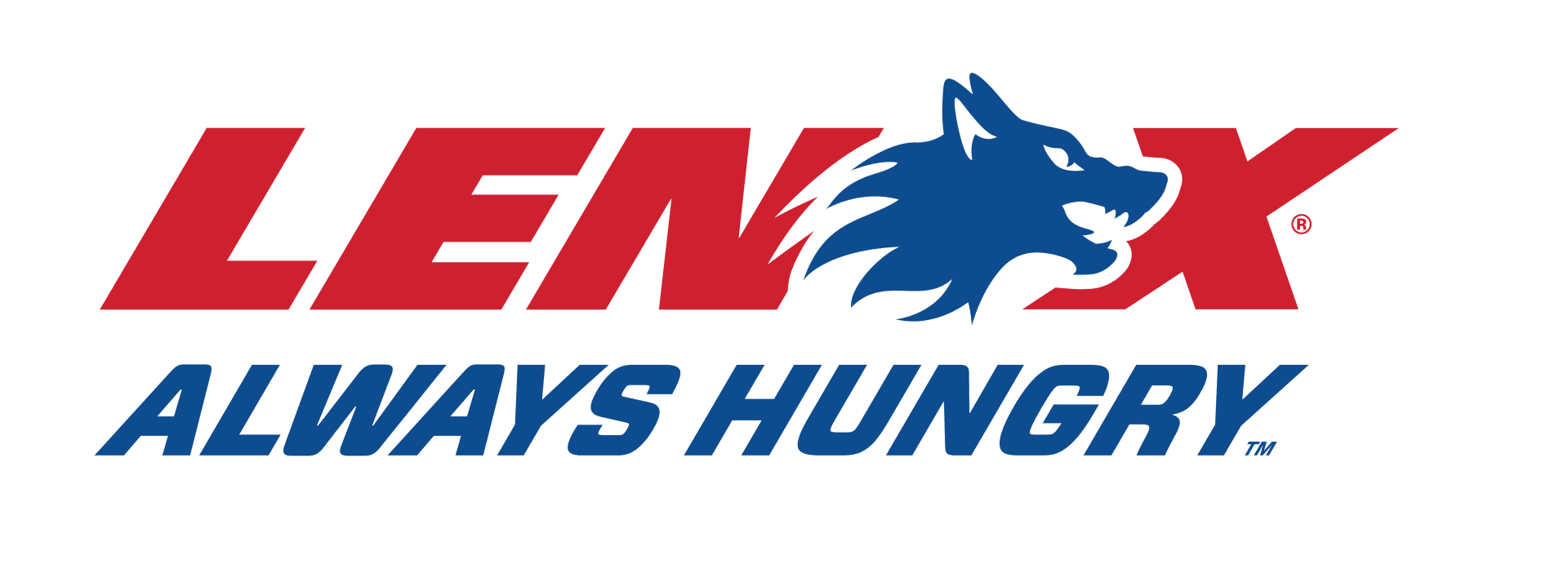 Das LENEX-Logo mit einem stilisierten blauen Wolfskopf anstelle des Buchstabens O und dem Schriftzug „ALWAYS HUNGRY“ darunter in fetter blauer Schrift.