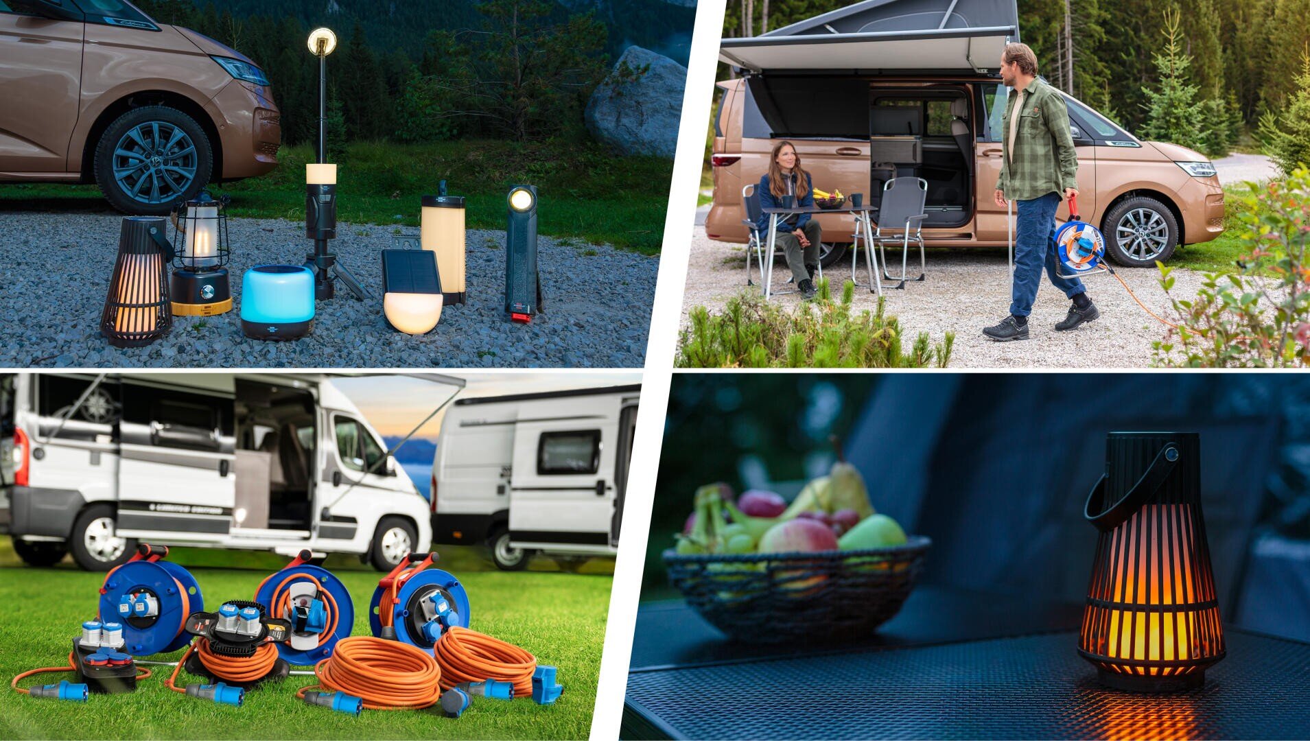 Vier Bilder zeigen Campingausrüstung: Laternen, Lampen und Stromkabel neben Wohnmobilen sowie einen Tisch mit einer Obstschale und einer Laterne. Auf einem Foto richten sich Menschen in der Nähe eines Wohnmobils ein. Durchgängiges Outdoor- und Camping-Thema.