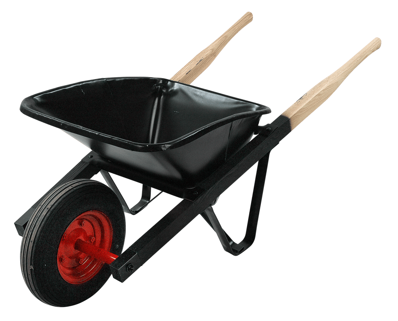 Schwarze Schubkarre mit einem roten Rad und hellen Holzgriffen.