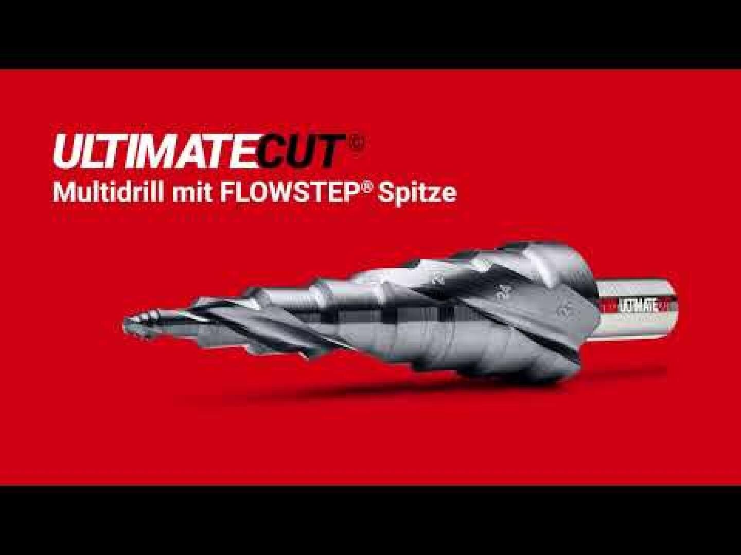 Ein Metall-Stufenbohrer mit der Aufschrift „UltimateCut Multidrill mit FLOWSTEP-Spitze“ ist auf rotem Hintergrund mit weißer und roter Beschriftung abgebildet.