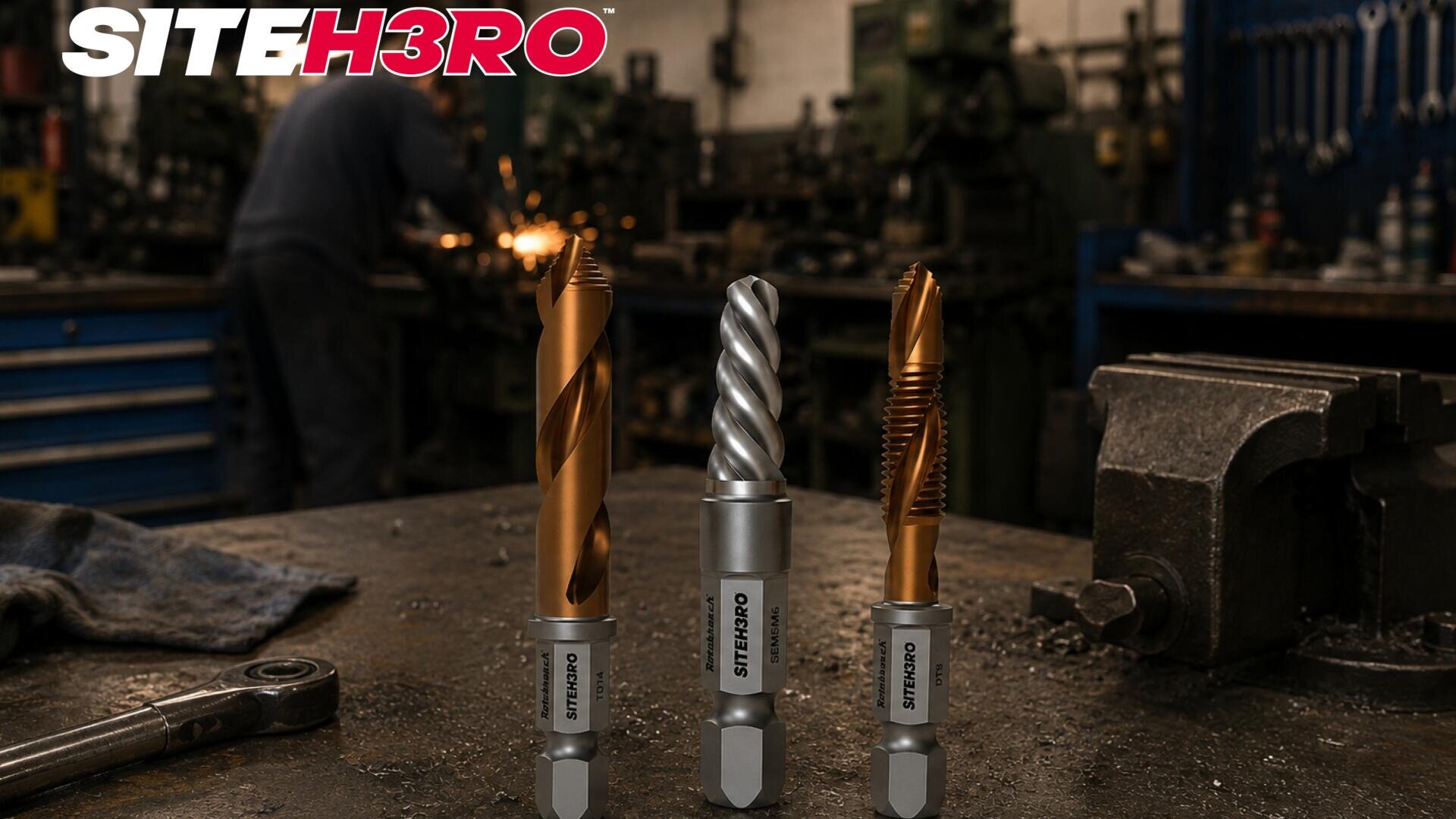 Trois forets industriels portant la mention « SITEH3RO » sont exposés sur un établi dans un atelier ; à l'arrière-plan, flou, on aperçoit un ouvrier aux commandes d'une machine, tandis que le logo SITEH3RO figure en haut à gauche.