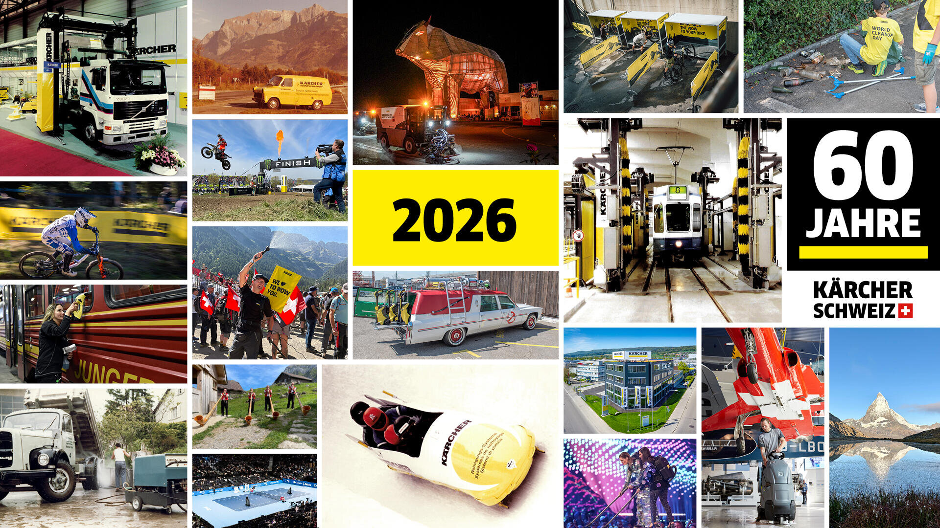 Un collage soulignant le 60e anniversaire de Kärcher Suisse, présentant des véhicules de nettoyage, de l'équipement, des scènes d'entretien, des points de repère suisses, des événements, et le texte 2026 et 60 Jahre Kärcher Schweiz en caractères gras jaunes et noirs.