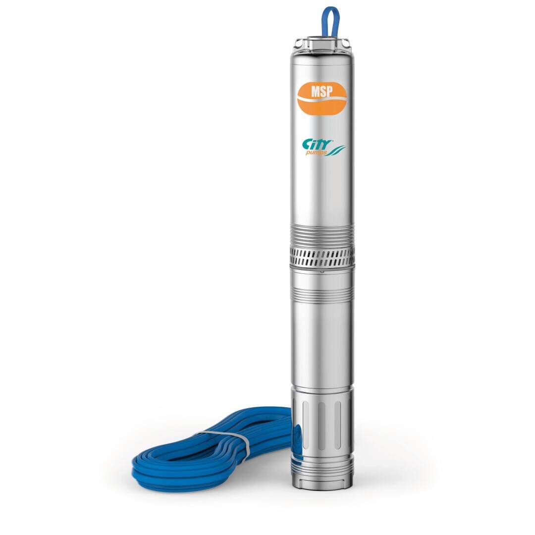 Eine Tauchwasserpumpe aus Edelstahl, neben der ein blaues Stromkabel aufgerollt ist. Im oberen Bereich der Pumpe sind die Logos von MSP und City zu sehen.