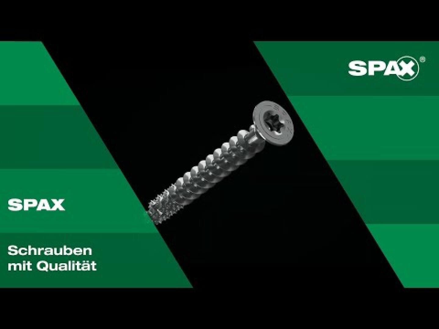 Auf schwarzem Hintergrund ist eine SPAX-Schraube schräg abgebildet, umrahmt von grünen geometrischen Formen mit dem SPAX-Logo und dem Text „SPAX Schrauben mit Qualität“ in Weiß.