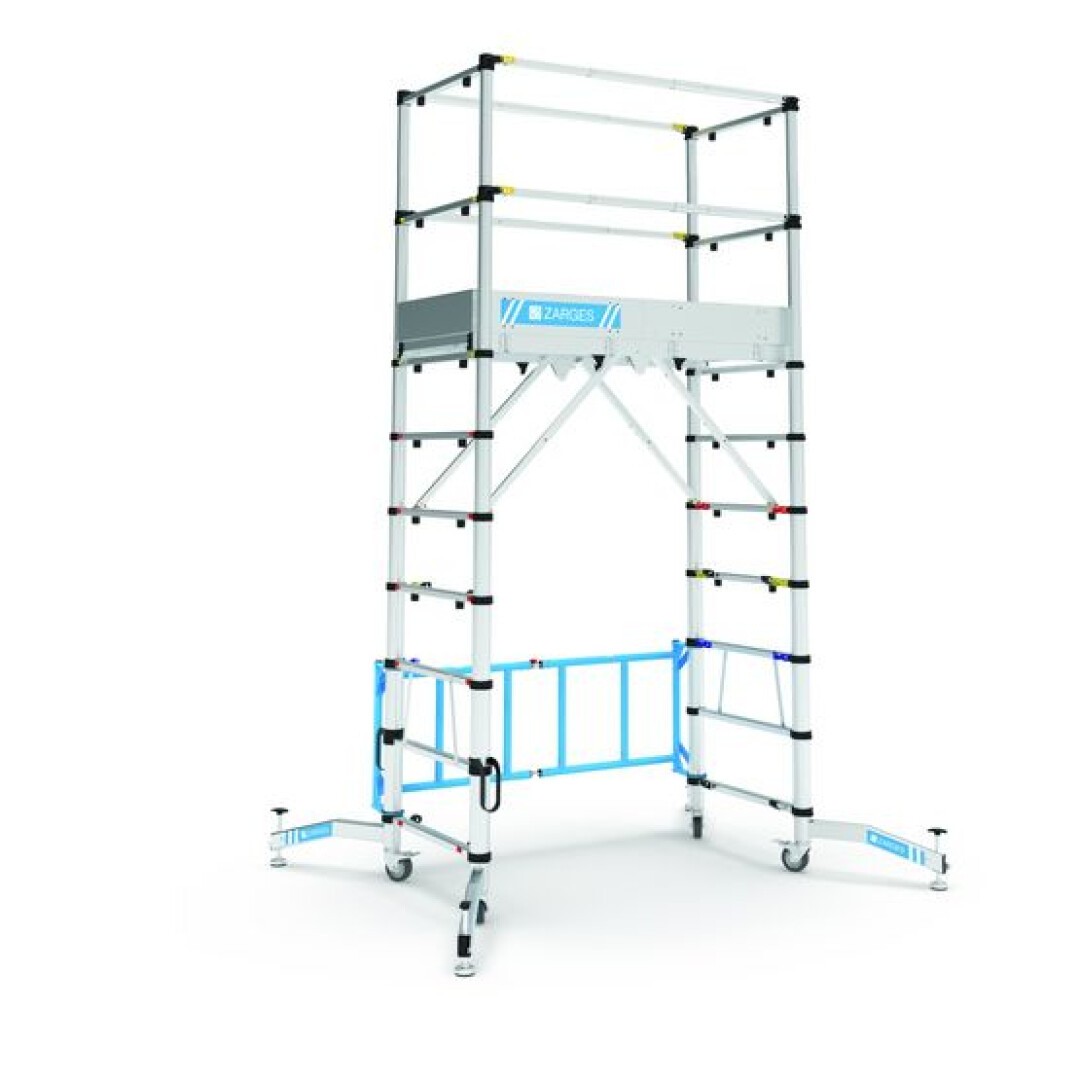 Ein mobiler Aluminium-Gerüstturm mit einstellbarer Höhe, stabilisierenden Auslegern, Sicherheitsgeländern und Rädern für einfache Bewegung, konzipiert für sichere Arbeiten in der Höhe.