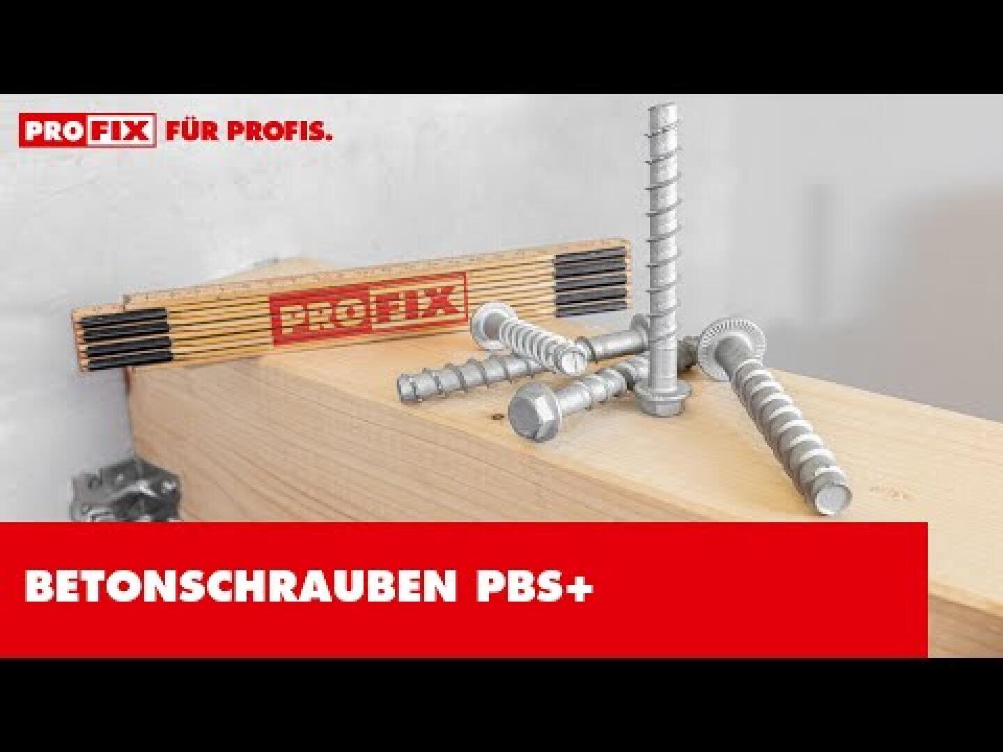 Eine Nahaufnahme von mehreren Metallbetonschrauben auf einem leichten Holzbalken mit einer Wasserwaage der Marke PROFIX im Hintergrund. Der Text lautet PROFIX für Profis und Betonschrauben PBS+ auf einem roten Banner.
