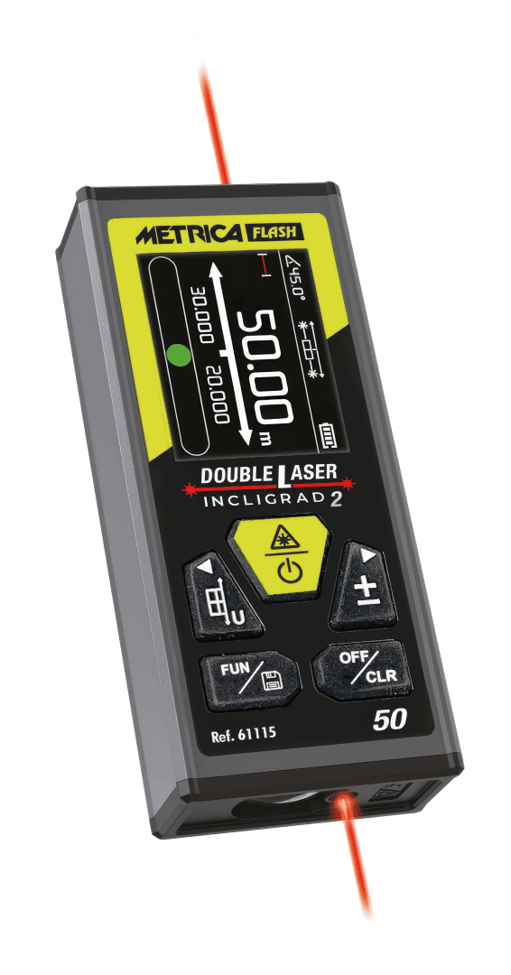 Digitaler Laser-Entfernungsmesser mit Display, Tasten und einem sichtbaren roten Laserstrahl, mit den Bezeichnungen „METRICA FLASH“ und „DOUBLE LASER INCLIRAD 2“. Die Modellnummer lautet 6115 und die Messreichweite beträgt bis zu 50 Meter.