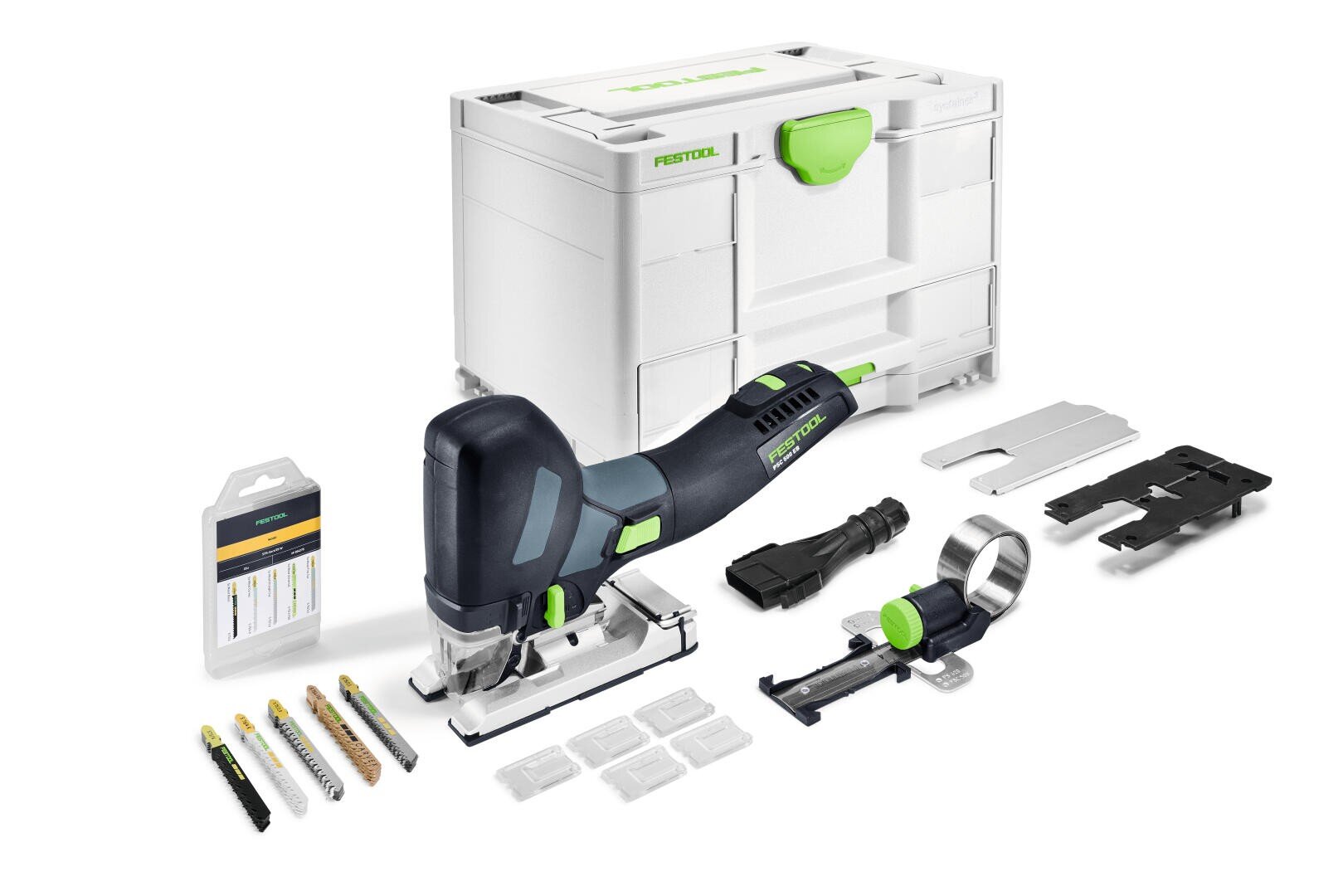 Festool Akku-Stichsäge-Set mit Transportkoffer, verschiedenen Sägeblättern, Splitterschutzvorrichtungen und Zubehör.