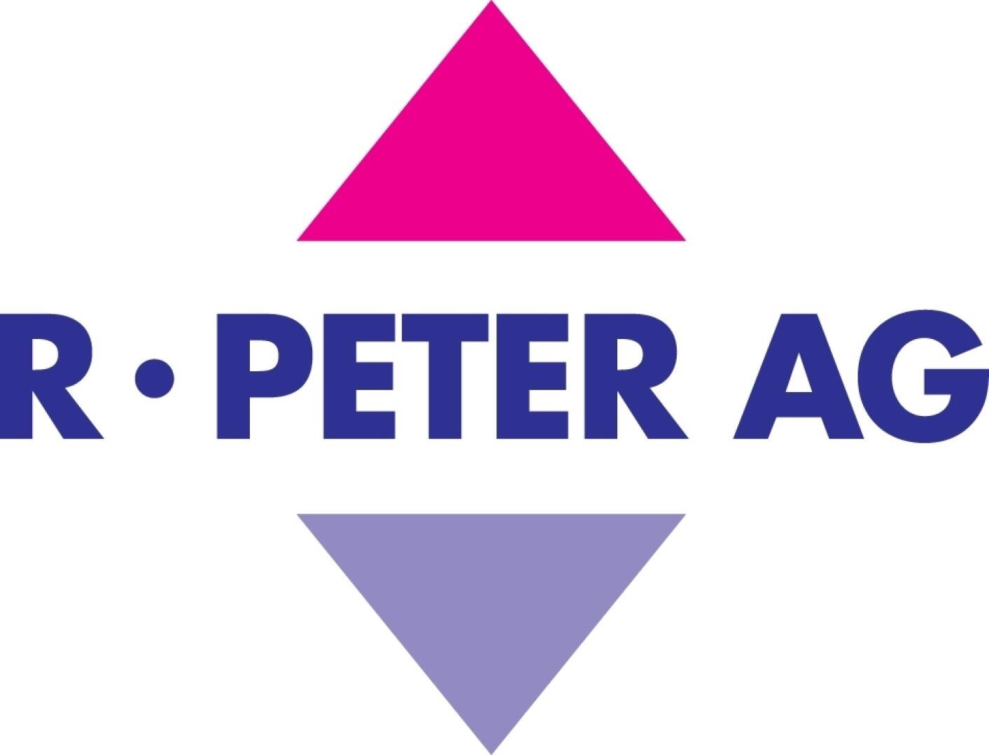Das Logo zeigt ein rosa, nach oben zeigendes Dreieck über der Aufschrift „R • PETER AG“ in fetter blauer Schrift sowie ein violettes, nach unten zeigendes Dreieck darunter, alles auf weißem Hintergrund.