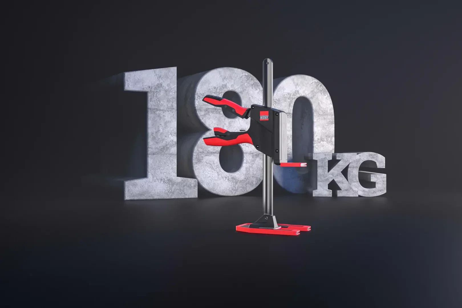 Eine Hebevorrichtung mit roten und schwarzen Klemmen ist vor einem großen Text mit Steinstruktur abgebildet, auf dem 180 KG zu lesen ist, was die Hebekapazität angibt. Der Hintergrund ist dunkel und minimalistisch.