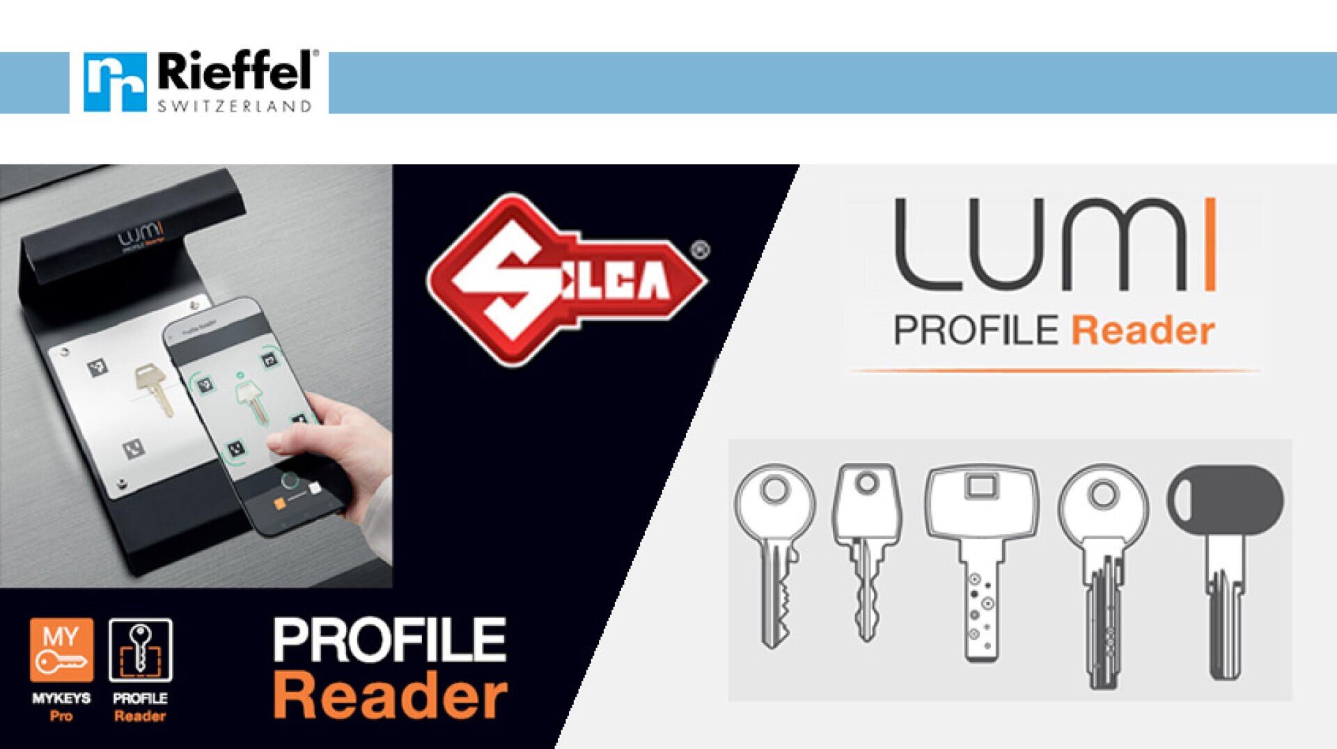 Eine Hand hält ein Smartphone über ein digitales Schlüssellesegerät; rechts sind Logos von Rieffel, Silca und Lumi Profile Reader sowie Abbildungen verschiedener Schlüsseltypen zu sehen.