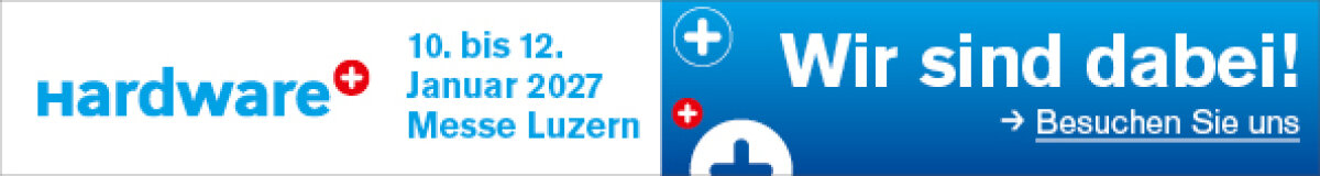 Banner für eine Hardware-Veranstaltung auf der Messe Luzern vom 10. bis 12. Januar 2027 mit den Texten „Wir sind dabei!“ und „Besuchen Sie uns“ auf blauem Hintergrund.