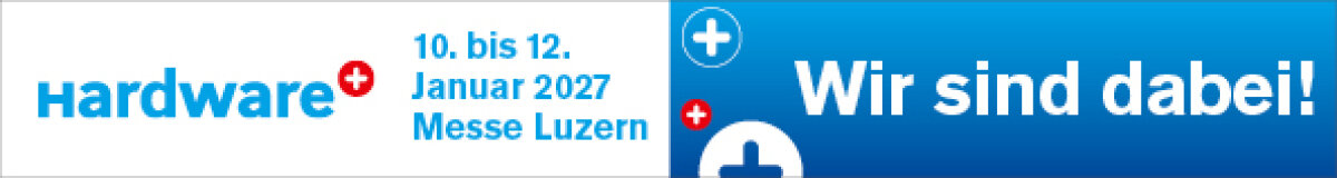 Banner mit dem Text: „Hardware 10. bis 12. Januar 2027 Messe Luzern“ auf der linken Seite und „Wir sind dabei!“ auf der rechten Seite. Blau-weißes Farbschema mit symbolischen Akzenten.