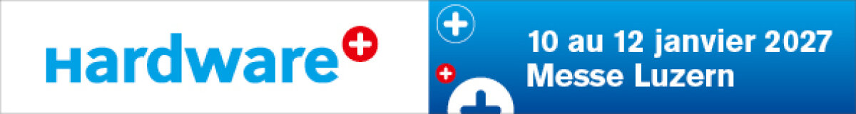 Banner für eine Hardware-Veranstaltung in Luzern, Schweiz, mit dem Text „Hardware“, Schweizer Kreuz-Symbolen und den Daten „10. bis 12. Januar 2027, Messe Luzern“ auf blau-weißem Hintergrund.