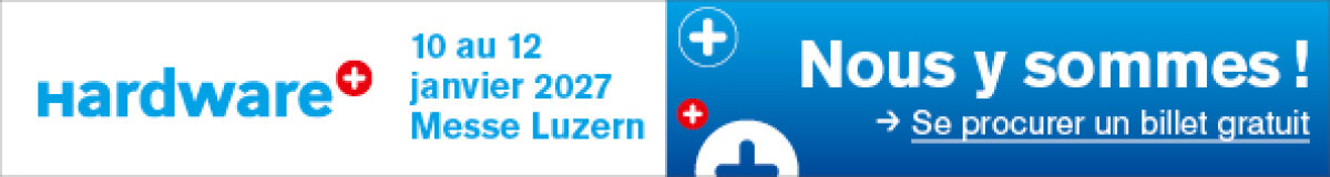 Banner auf Französisch für eine Hardware-Veranstaltung auf der Messe Luzern vom 10. bis 12. Januar 2027. Mit dem Text „Nous y sommes! Se procurer un billet gratuit“ sowie Symbolen der Schweizer Flagge und blauem Hintergrund.
