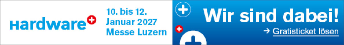 Banner für eine Hardware-Veranstaltung in Luzern, Schweiz, vom 10. bis 12. Januar 2027. Blauer Hintergrund, weißer Text, Symbole der Schweizer Flagge und eine Schaltfläche zum Anfordern einer kostenlosen Eintrittskarte.