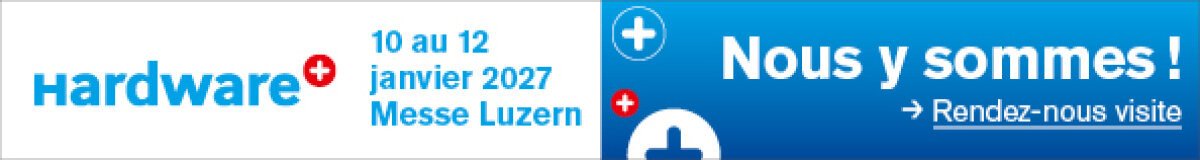 Banner auf Französisch für eine Hardware-Veranstaltung in Luzern, Schweiz, vom 10. bis 12. Januar 2027. Weiß-blauer Hintergrund mit den Aufschriften „Nous y sommes!“ und „Rendez-nous visite“ sowie roten Schweizer Kreuz-Symbolen.