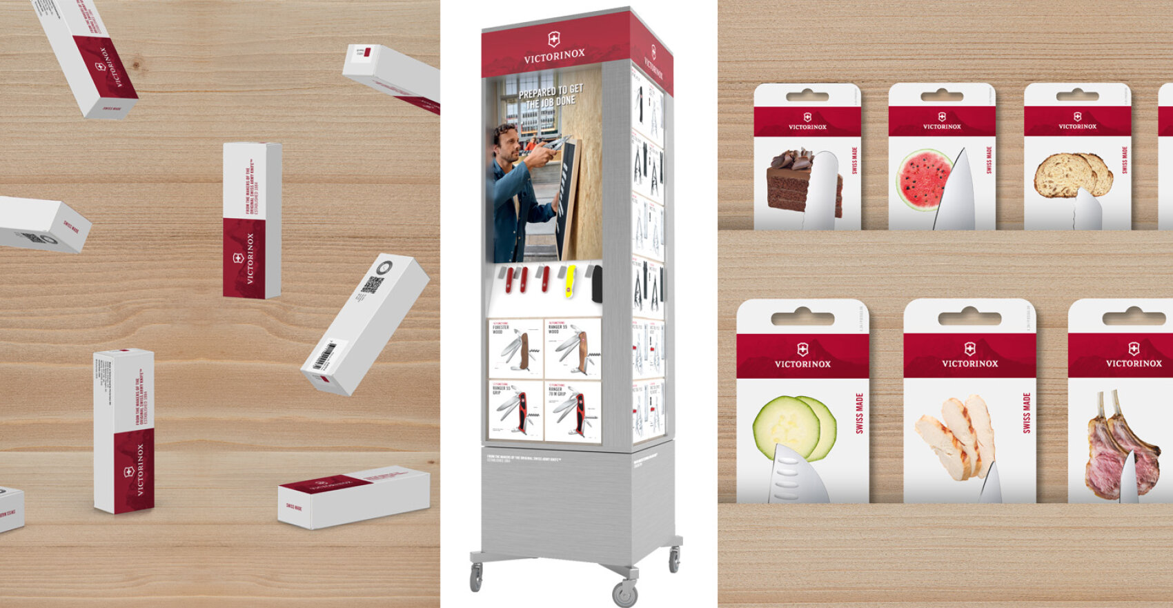 Victorinox-Messerverpackungen, die in verschiedenen Layouts gezeigt werden, darunter Schachteln, die auf eine hölzerne Oberfläche fallen, ein zentraler, rotierender Displayständer mit Messern und Nahaufnahmen von verpackten Messern mit Lebensmittelbildern.